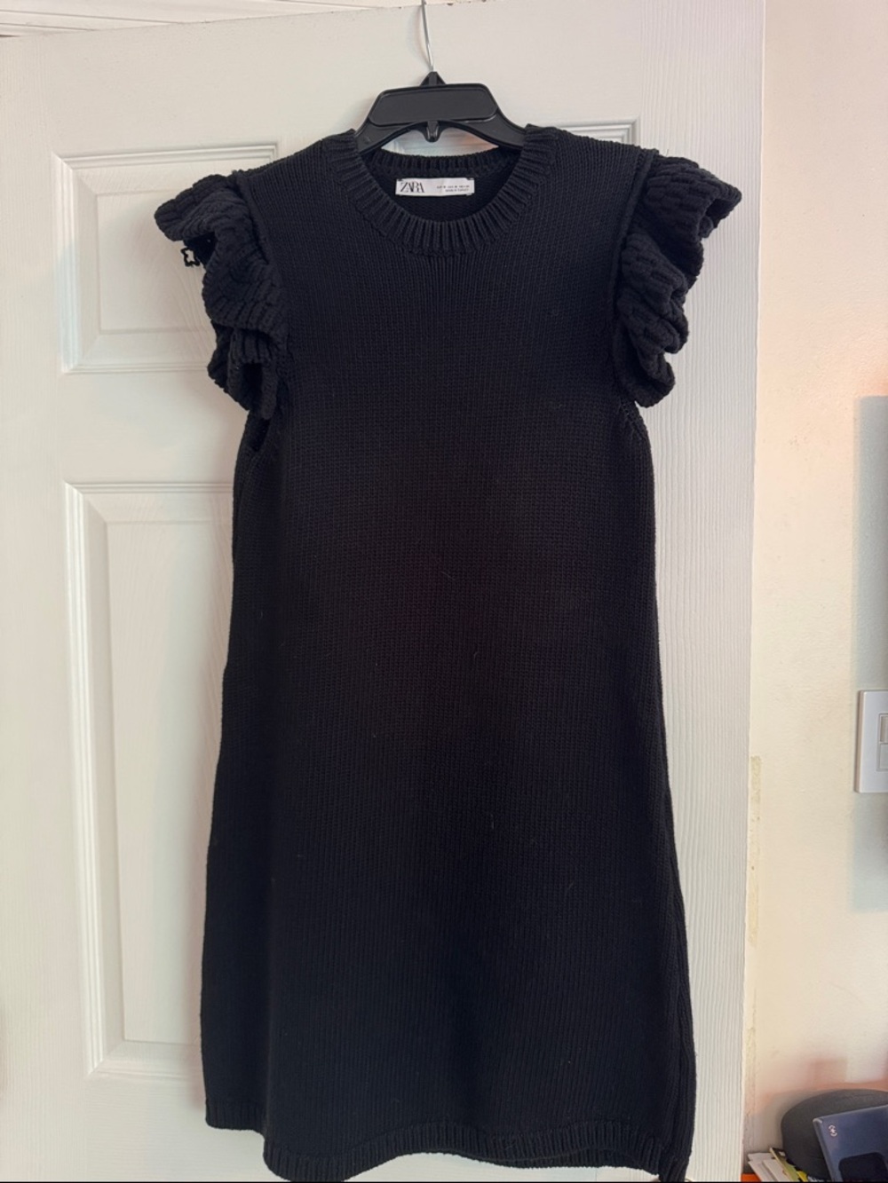 ZARA Black Knit Mini Dress with Ruffle Sleeves
